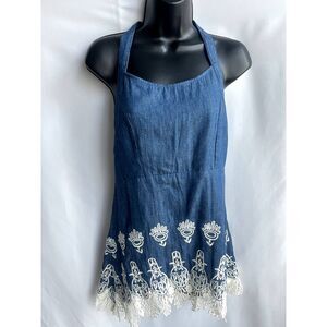 I Too NWT Western Embroidered Jean Denim Tunic Halter Top Dress Aztec M/L Unique